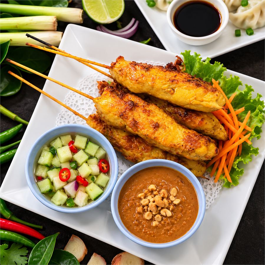 Chicken satay with peanut sauce and cucumber relish