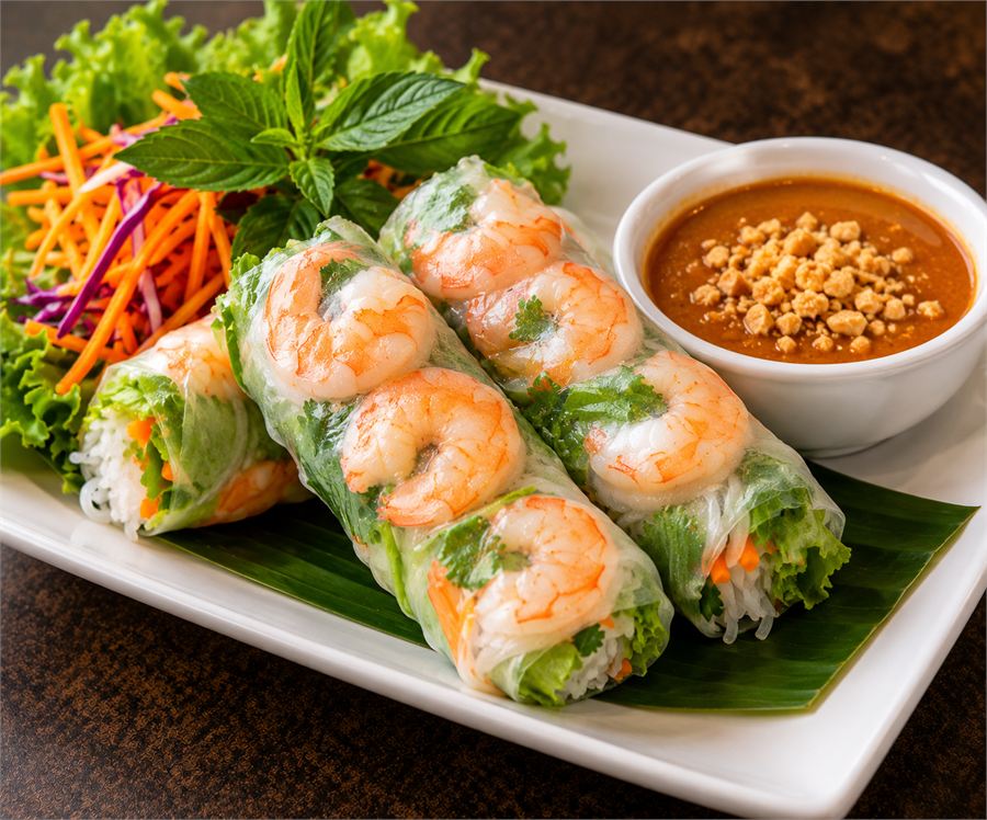 Fresh shrimp rolls in rice paper with peanut dipping sauce
