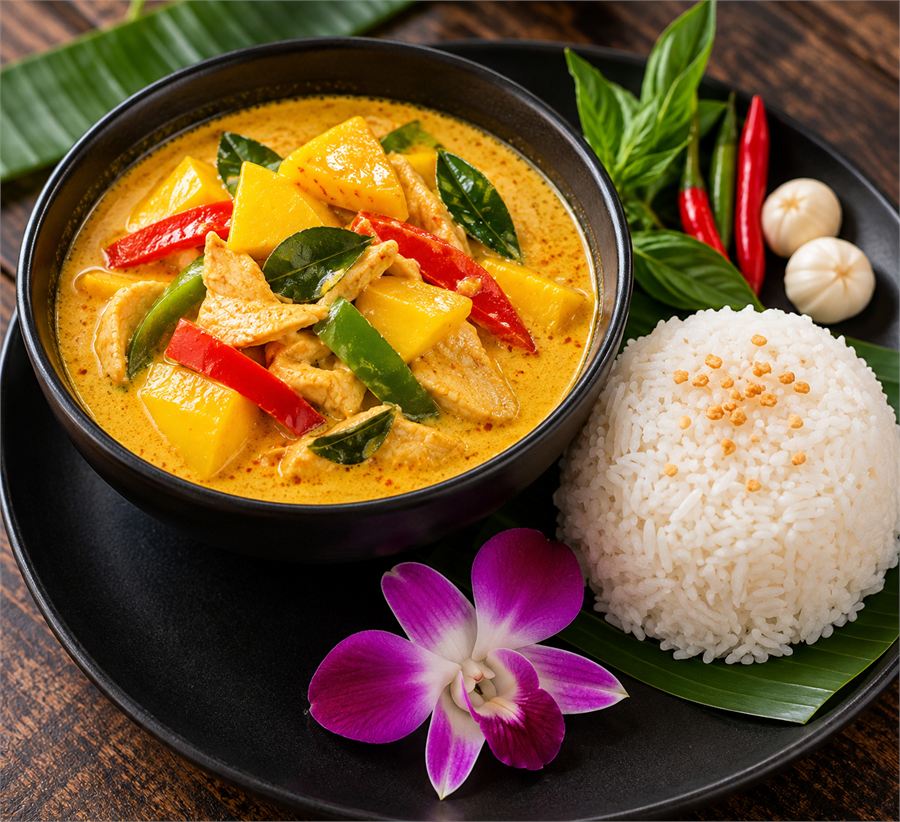 Thai pineapple curry with chicken, bell peppers and jasmine rice
