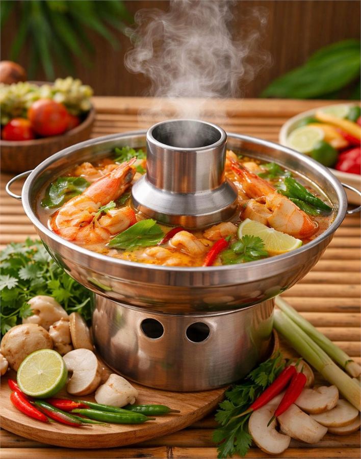Steaming tom yum hot pot with shrimp, lemongrass and chili