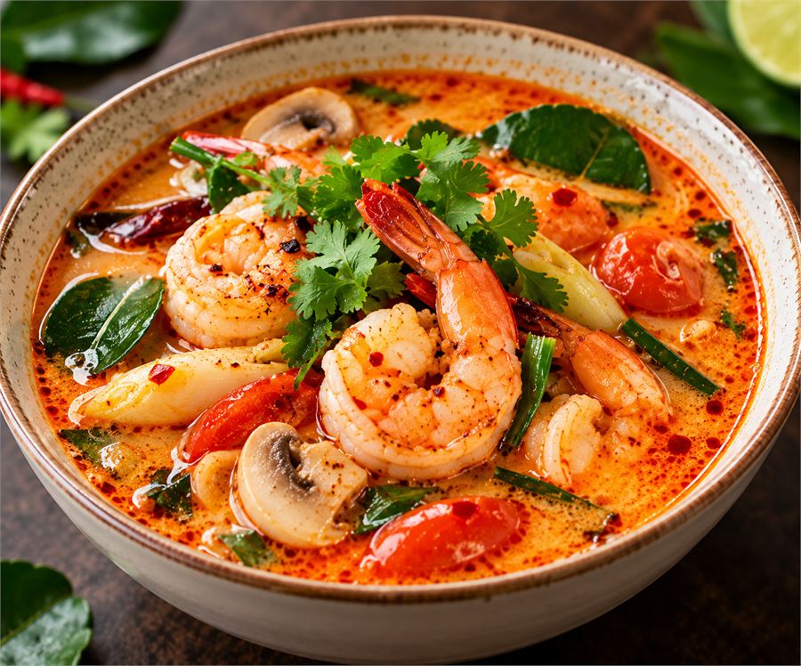 Tom yum soup with shrimp, mushrooms and lemongrass